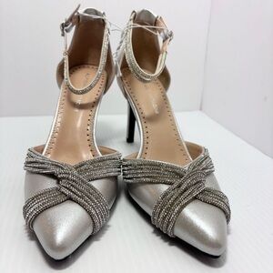 Adrienne Vittadini Silver Heels with Pointed Toe and Ankle Straps